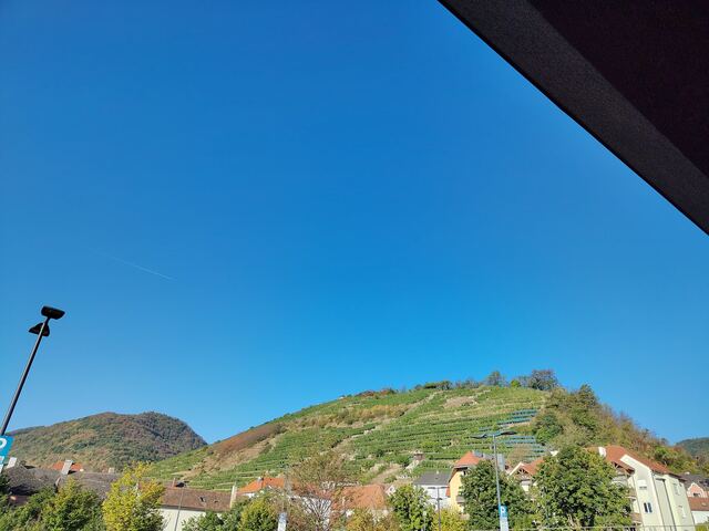 Frühstück am Sparparkplatz mit Blick auf einen Weinberg
