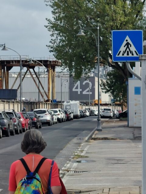 Straße entlang der Werft in Monfalcone mit parkenden Autos, im Hintergrund eine graue Halle mit einer großen weißen 42