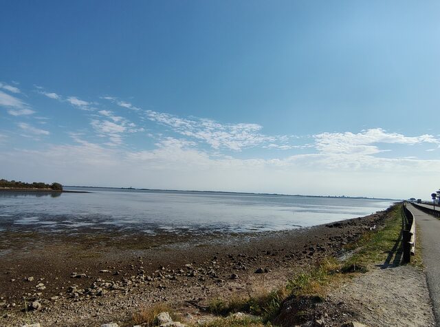 Die Lagune von Grado bei Niedrigwasser, rechts der Radweg auf dem Damm