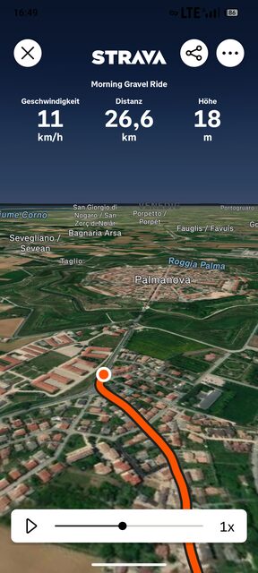 Strava-3D-Ansicht der Route mit dem sternförmigen Grundriss von Palmanova im Hintergrund